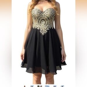 Strapless Black Party Dress with Gold Embroidered Bodice